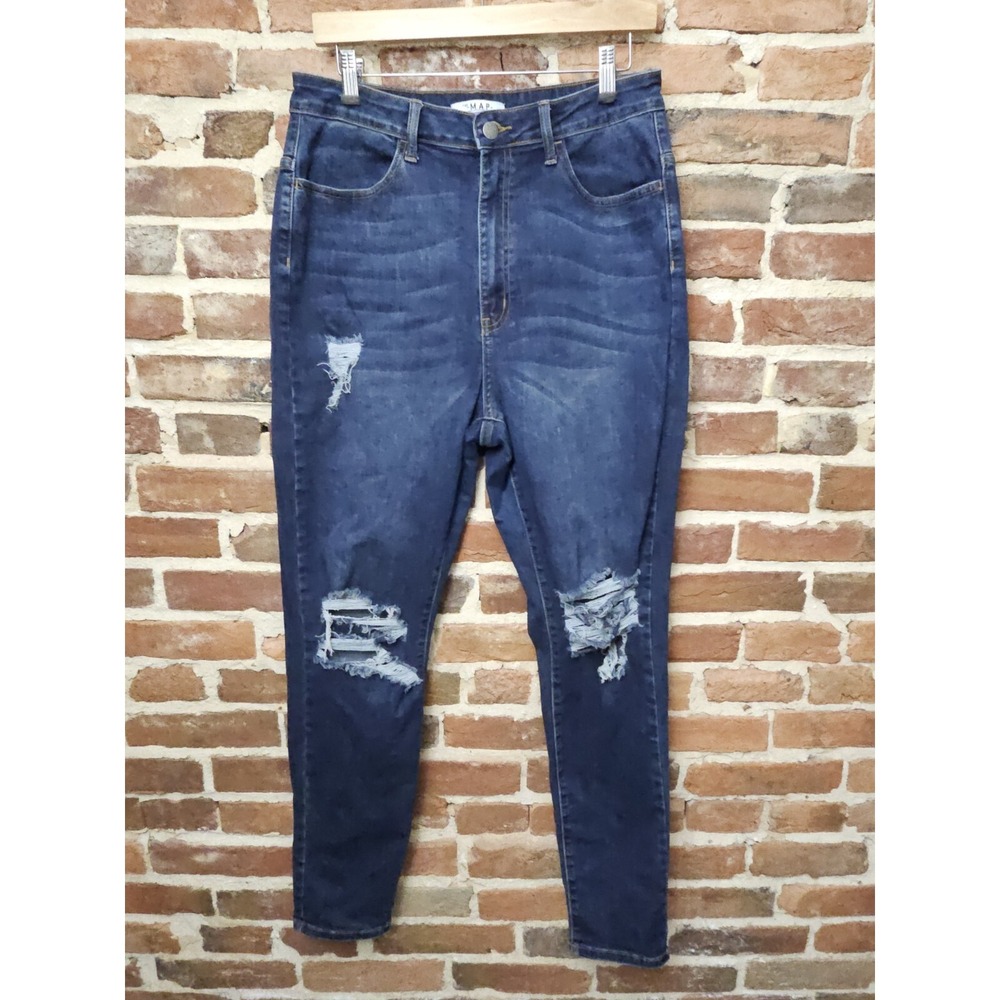 The MAP High Rise Jeans Ripped Distressed Skinny Leg Dark Blue Wash Sz 1XL